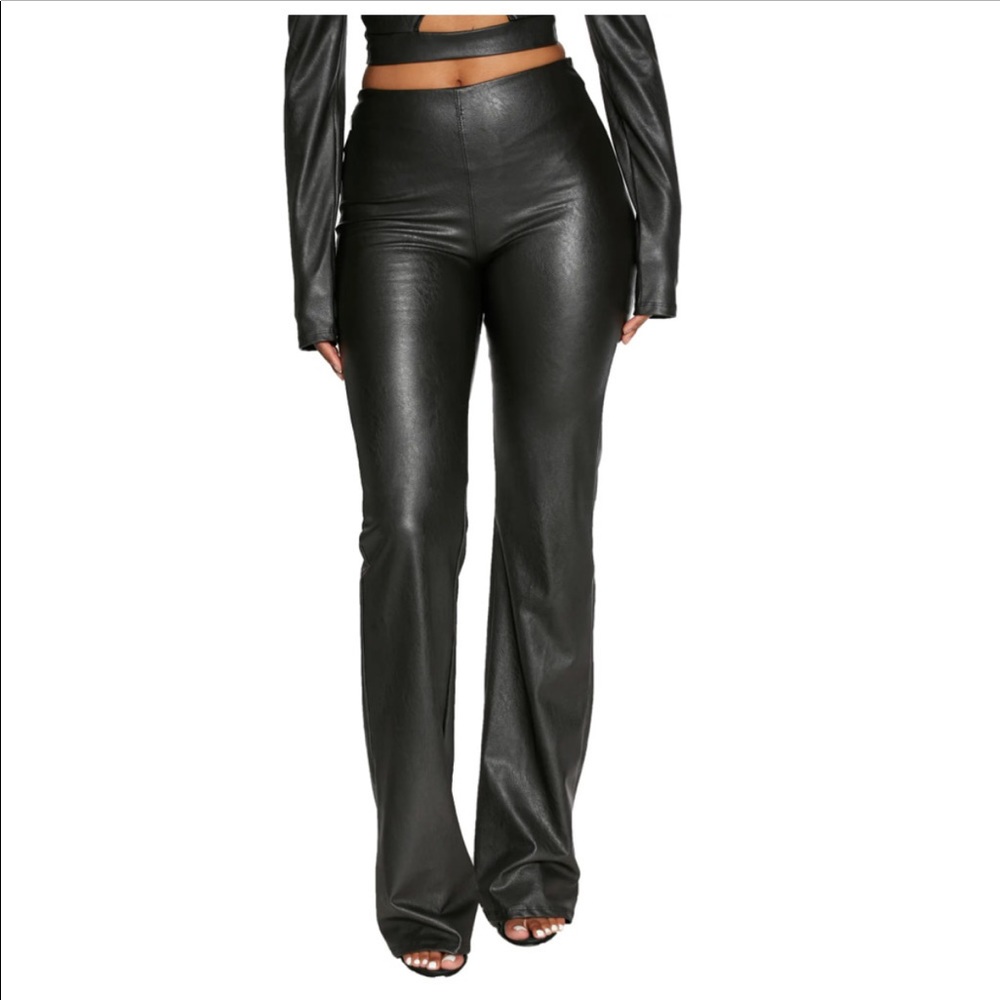 Naked Wardrobe bootcut leather pants and bra set NWT